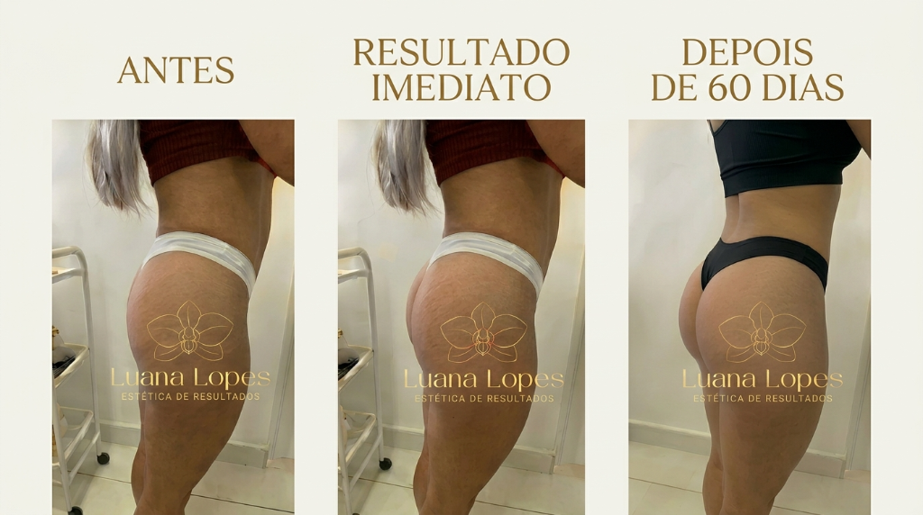 Antes, Resultado Imediato e Depois de 60 dias — Harmonização de Glúteo